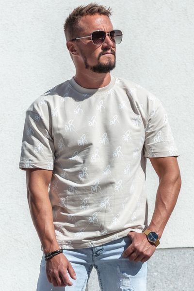 All Over Logo Print Beige T-Shirt Oversize Aarhon